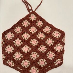 Grandma Square Pink Lily small Brown Pink Crochet Floral halter Tank Top